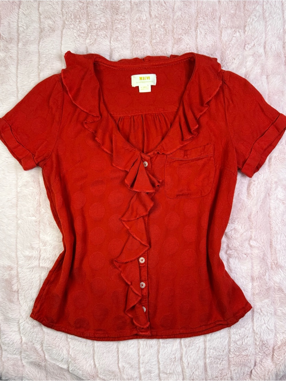 Anthropologie Maeve - Red Polka Dot Ruffled ButtonDown Jojo Blouse - Size XS